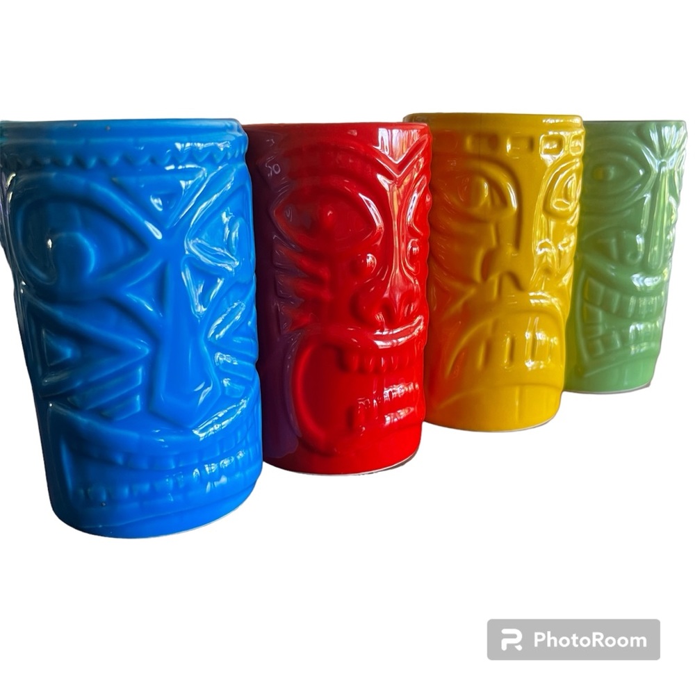 Set of 4 Tiki Mugs Cups Ceramic Polynesian Hawaiian Cocktail Barware Man Cave